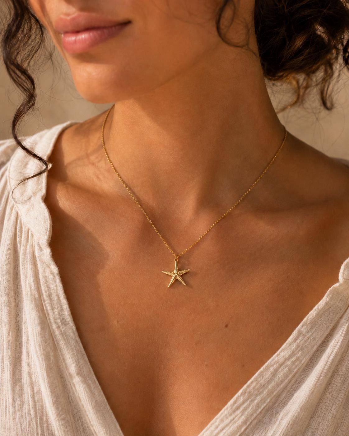 Collier avec pendentif en véritable étoile de mer en argent sterling plaqué or 14 carats –